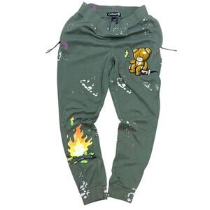Civilized Burning Cash Joggers patchwork Sweatpants paint splatter olive Med
